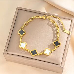 18k Gold Plated Black & White Clover Bracelet Designer Inspired
